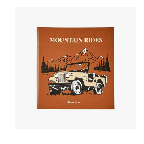Product page for 'Mountain Rides' by Johnny Vacay with a vintage-style illustration of a jeep and mountains on an orange background.